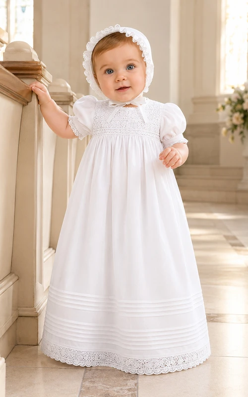 Simple Cotton Crochet Lace Baby Baptism A-Line Short Sleeve Gown