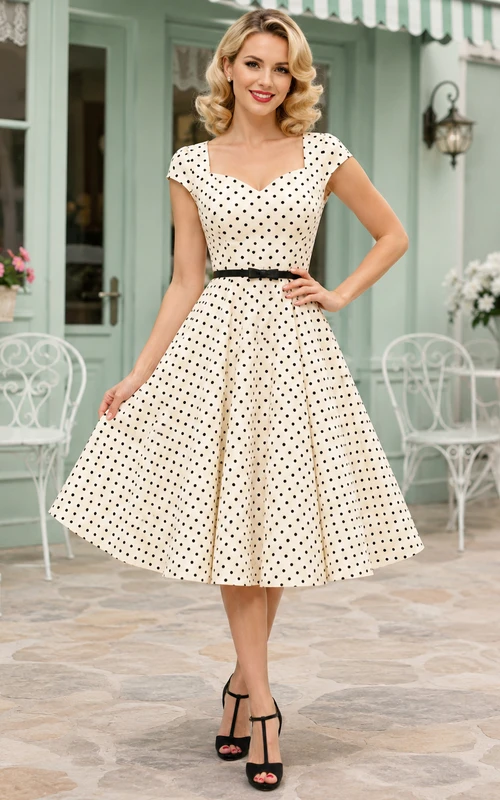 Vestido de cóctel vintage de tafetán plisado de corte A, largo hasta la rodilla, con escote corazón y mangas cortas, color crema y lunares.