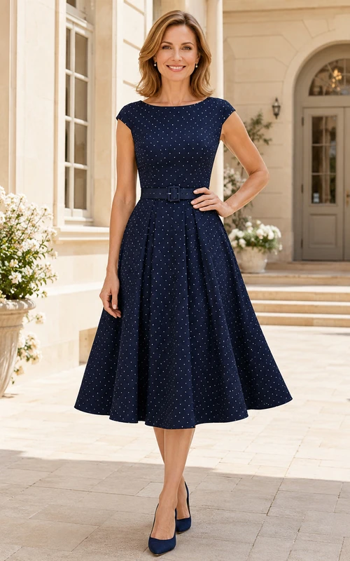 Vestido de mamá de corte A largo hasta la rodilla con mangas cortas y estampado de lunares azul marino oscuro