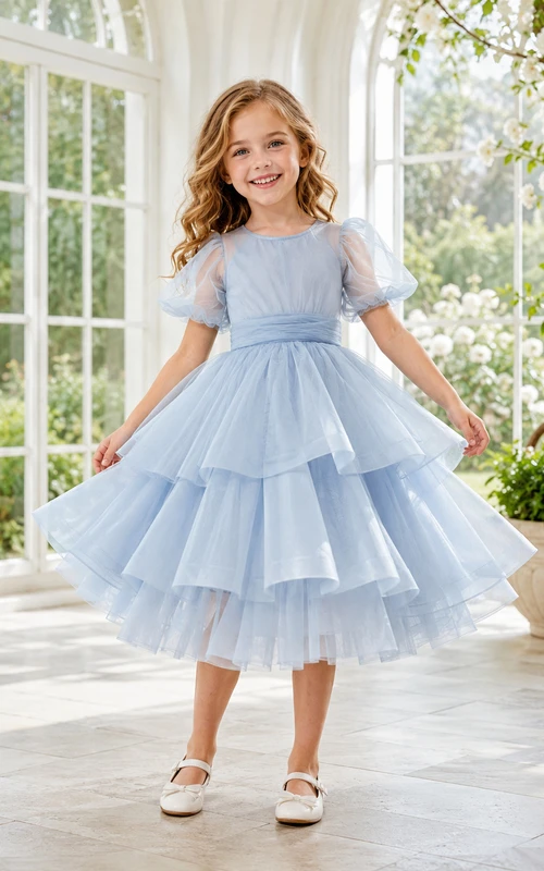 Blumenmädchenkleid aus stahlblauem Tüll, A-Linie, kurze Ärmel, Rundhalsausschnitt, bodenlang, Rüschenbesatz, Stufenrock