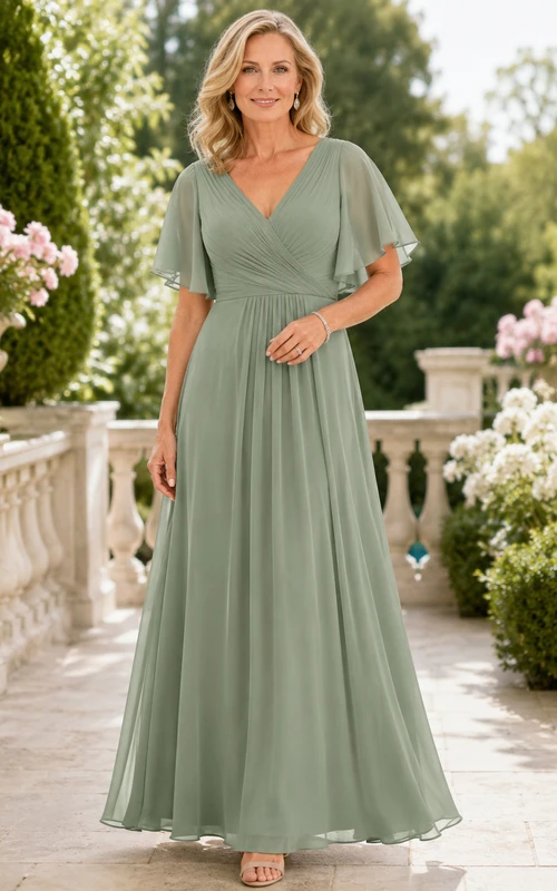 Romantisches, bodenlanges A-Linien-Chiffonkleid in Salbeigrün für die Mutter der Braut mit V-Ausschnitt, Empire-Taille und flatternden Ärmeln