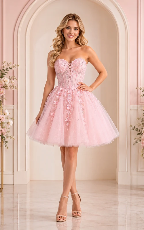 Vestido corto de cóctel para quinceañera, sin tirantes, de tul floral, color rosa rubor, con escote corazón y diseño de corazón.