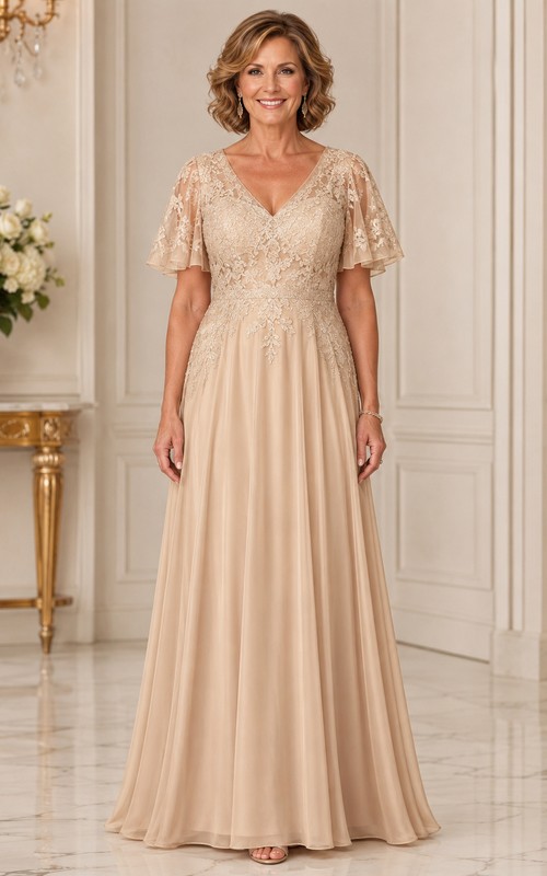 champagne mother of the bride dress with sleeves A-Line Maxi Chiffon COCOMELODY CM0256, Dark Purple Sage Sizes Champagne Mother of the Bride