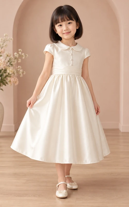 Tea-length Vintage Ivory A-line Satin Collared Cap-sleeve Button-front Flower Girl Dress
