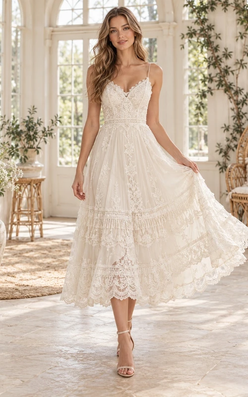Boho Tea-length Spaghetti Strap V-neck Tiered Lace Wedding Dress