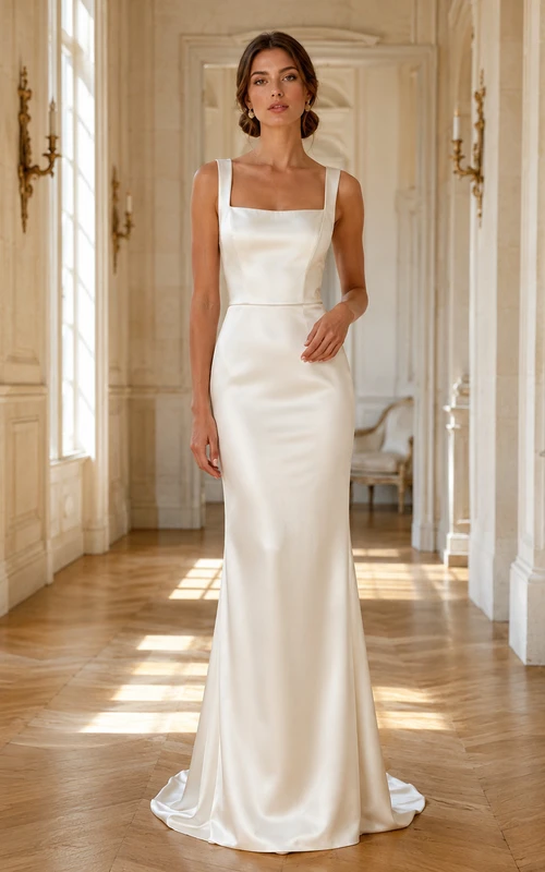 Robe en satin à col carré perle, style ancien, ornée de perles