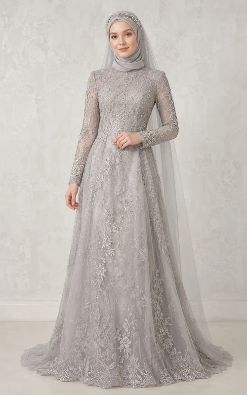 Vestido de novia de estudio modesto musulmán plateado con cuello alto y encaje