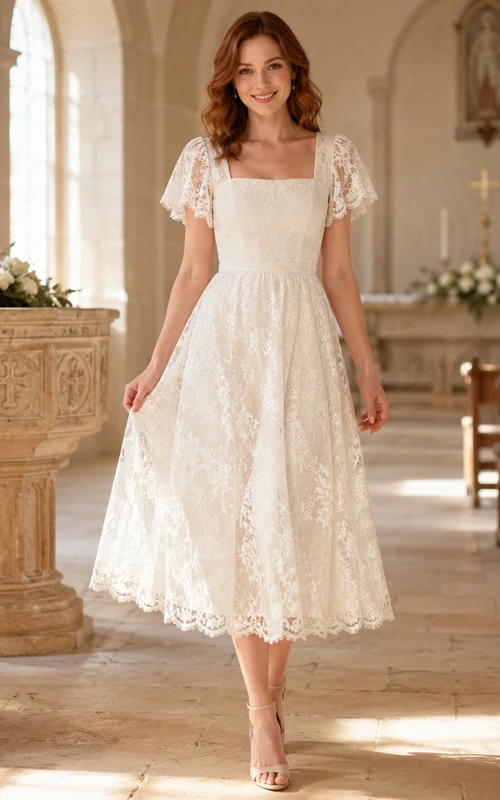 Vestido de bautizo de corte A con escote cuadrado y mangas con volantes, color marfil y encaje.