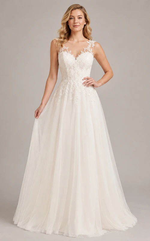 Affordable Lace Strap A-Line Tulle Studio Bridal Gown