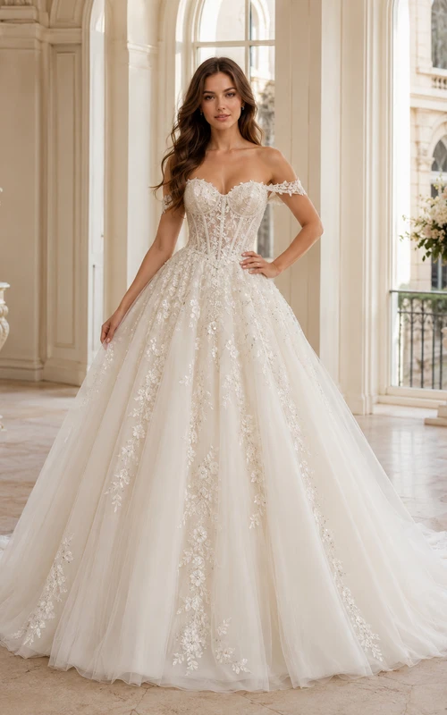 Robe de mariée romantique en tulle fleuri, épaules dénudées, traîne chapelle, longueur au sol