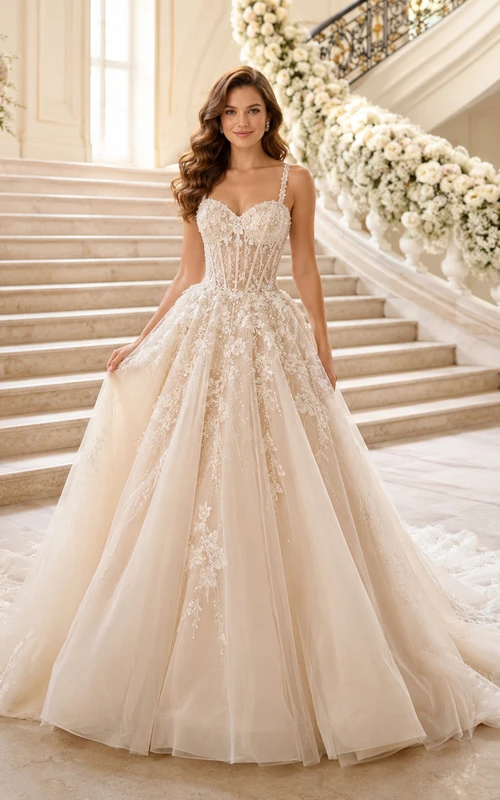Robe de mariée en dentelle ornée, tulle, bretelles cœur, sans manches, coupe trapèze, traîne chapelle, applications florales, idéale pour un mariage à destination.