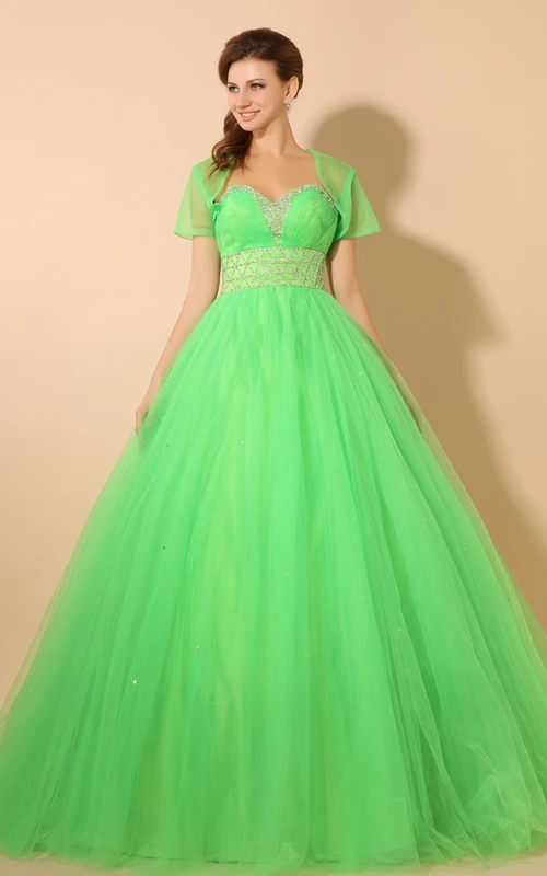 Empire-Ballkleid in A-Linie mit herzförmigem Ausschnitt, Tüllüberzug und Perlenstickerei