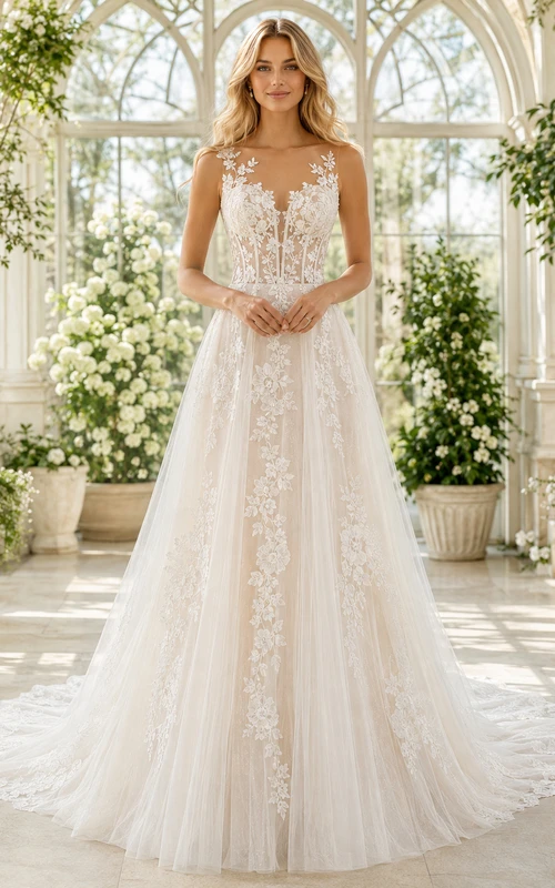 Lace Tulle Wedding Dress A-Line V-Neck Sleeveless Sweep Train Low V Back Bridal Gown
