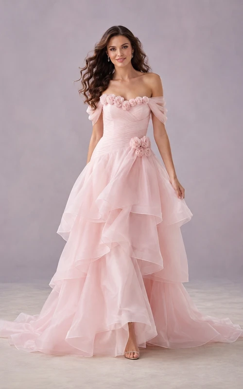 Vestido de novia sencillo, romántico y elegante con escote de hombros descubiertos y volantes.