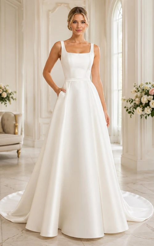 Brautkleid aus Satin, A-Linie, trägerlos, mit Kapellenschleppe