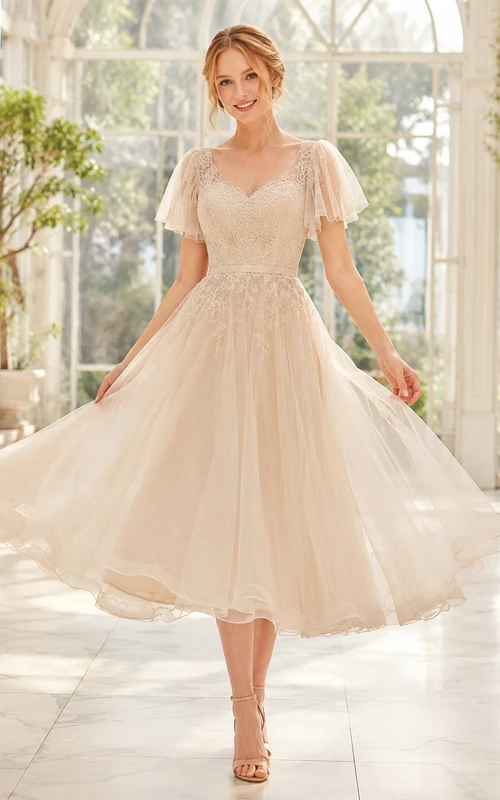 Heirloom Petal Champagne A-Line Tea-Length V-Neck Short-Sleeve Lace Vintage Bridesmaid Dress