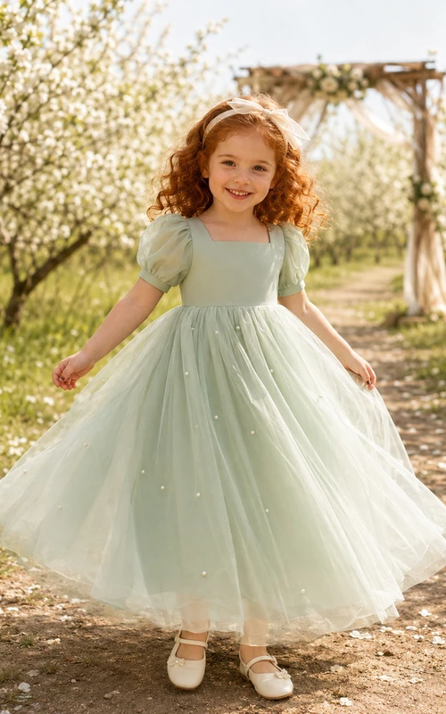Flower Girl Dress Ivory Lace Tulle A-Line Scoop Neck Tea Length