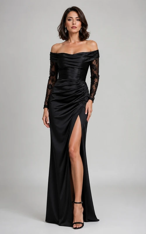 Black Off Shoulder Long Sleeve Ruched Bodycon Formal Evening Dress