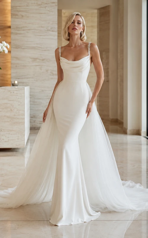Robe de mariée fourreau en satin à col bénitier, bretelles spaghetti et fermeture éclair en U arrondie au dos, traîne chapelle