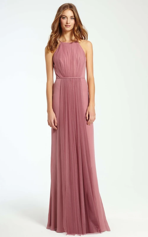 Maxi-Brautjungfernkleid aus Tüll mit Raffungen, ärmellos und hohem Kragen