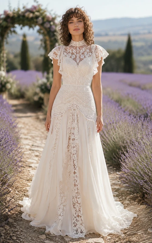 Robe de mariée fourreau bohème à col montant et manches courtes en crochet