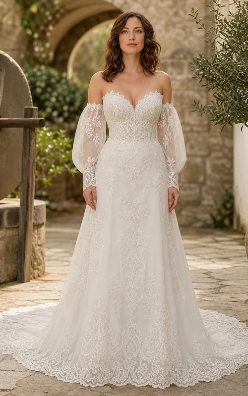 Vestido de novia bohemio de manga larga estilo sirena con hombros descubiertos y cola catedral de encaje.