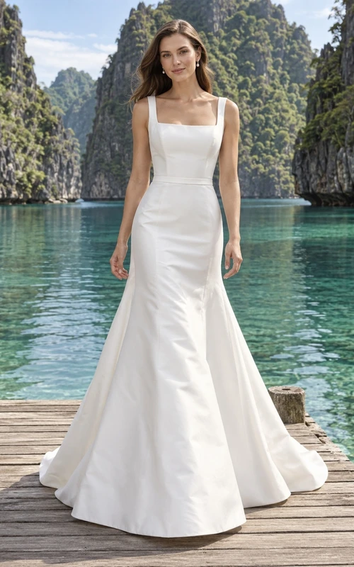 Einfaches Brautkleid im Meerjungfrauenstil mit eckigem Ausschnitt, breiten Trägern und Satin