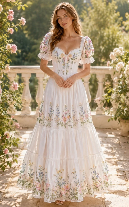 White Floral Lace V-Neck Short Sleeve Ankle Length Bohemian Dress