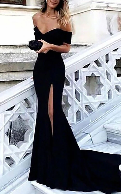 Schwarzes, sexy Chiffon-Abendkleid mit Schlitz vorne und schulterfreiem Ausschnitt