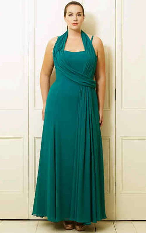 Vestido de fiesta de talla grande, de gasa, sin mangas, con escote halter, corte en A y plisado, largo hasta los tobillos.