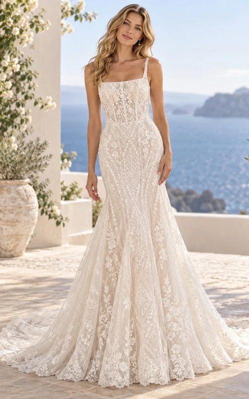 Fit and Flare Square Neck Spaghetti Lace Train Wedding Dress