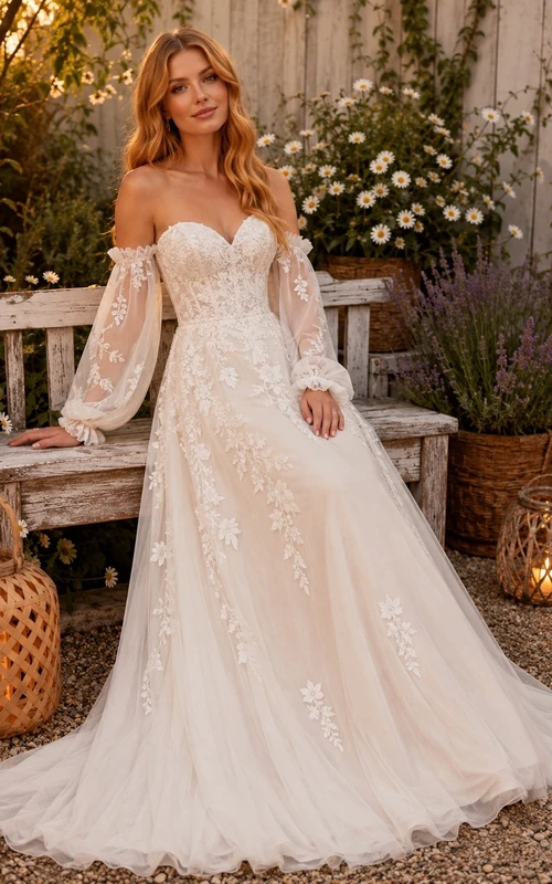 Vestido de novia formal de corte A con hombros descubiertos, estilo bohemio romántico.