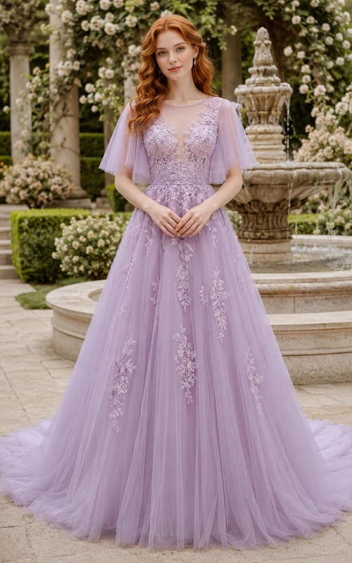 Lavendelfarbenes A-Linien-Brautkleid aus Tüll mit V-Ausschnitt, flatternden Ärmeln