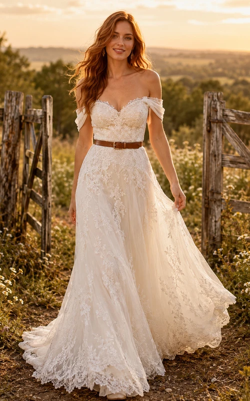 Robe de mariée champêtre en tulle et dentelle, coupe trapèze, épaules dénudées, traîne, dos corset lacé