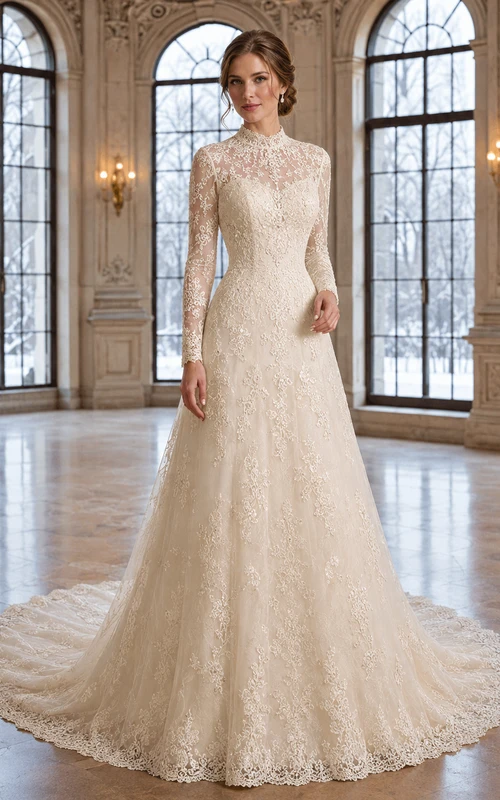Modest Winter High Neck Long Illusion Lace Sleeve A-Line Chapel Train Wedding Gown