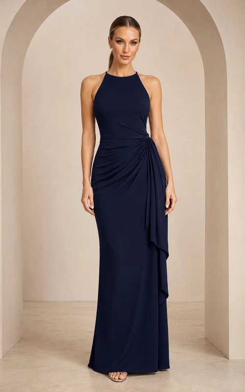 Dunkelblaues Crêpe-Abendkleid mit hohem Kragen und seitlicher Drapierung