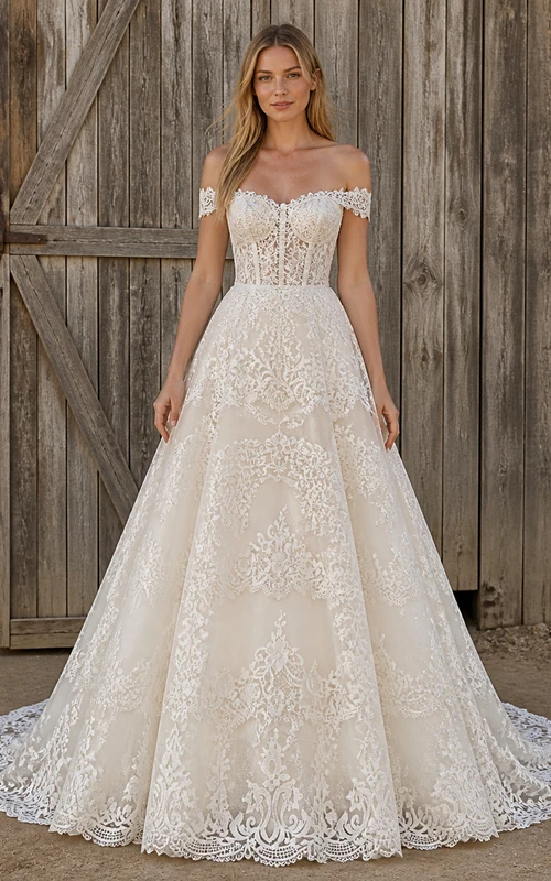 Vestido de novia romántico de manga corta, corte en A, hombros descubiertos, encaje de enredaderas y cola catedral.