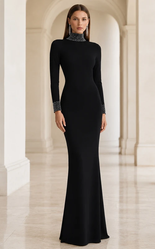 Black high neck long sleeve floor length mermaid gown