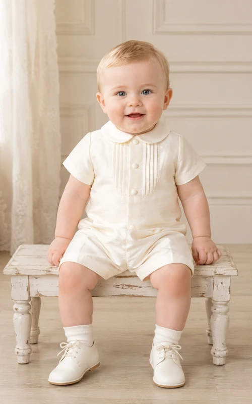 Ivory Pintuck Peter Collar Short Sleeve Christening Romper for Baby Boy