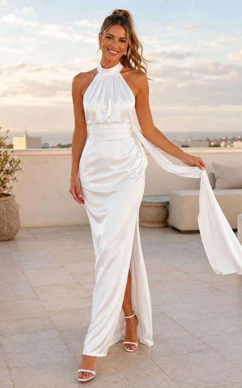 Hochgeschlossenes, figurbetontes Strandkleid mit Neckholder und sexy Schärpe, weißes Cocktailkleid