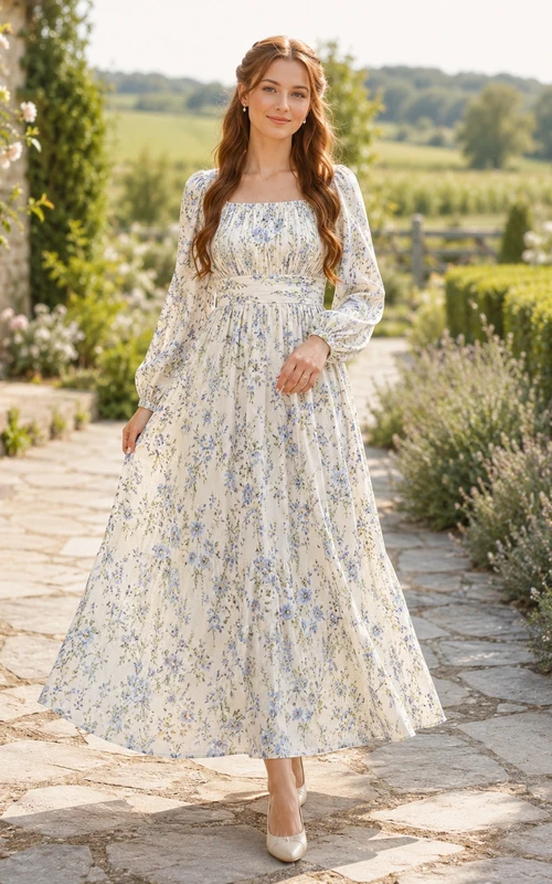 Robe longue trapèze à col carré et manches longues, style modeste, à imprimé floral bleu