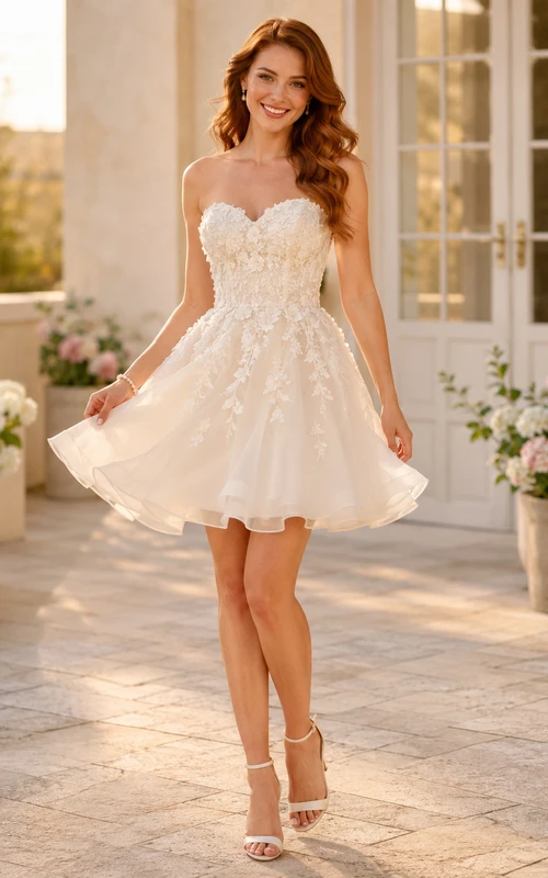Adorable Short Strapless Sweetheart Lace Tulle Garden Romantic Wedding Dress