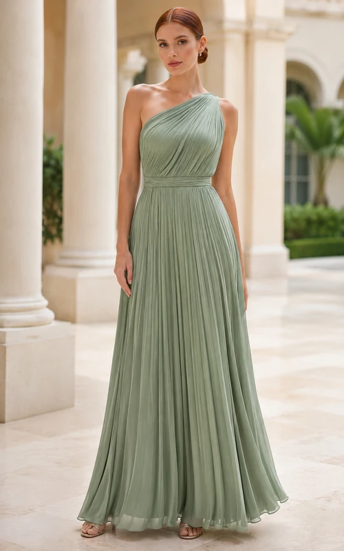 Robe de demoiselle d'honneur en mousseline sauge, coupe trapèze asymétrique, sans manches, plissée, longueur au sol.