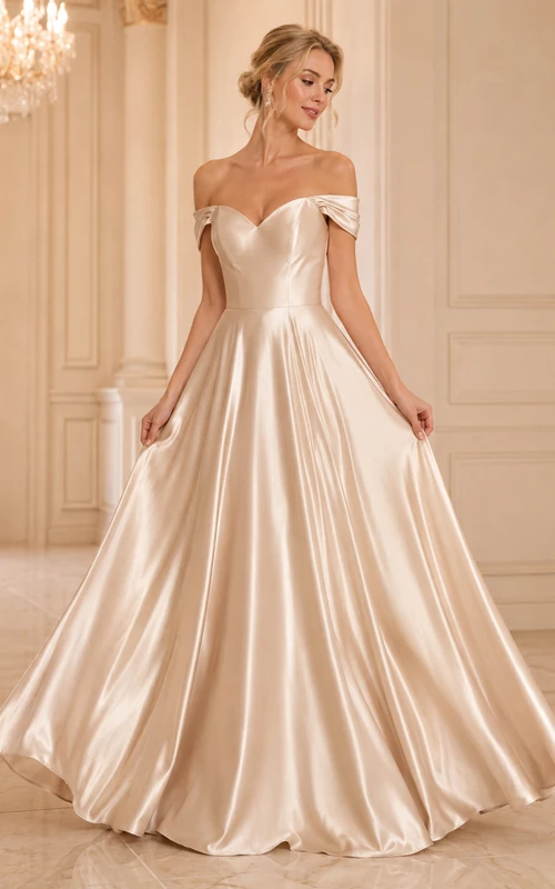 Champagnerfarbenes schulterfreies A-Linien-Ballkleid aus Satin