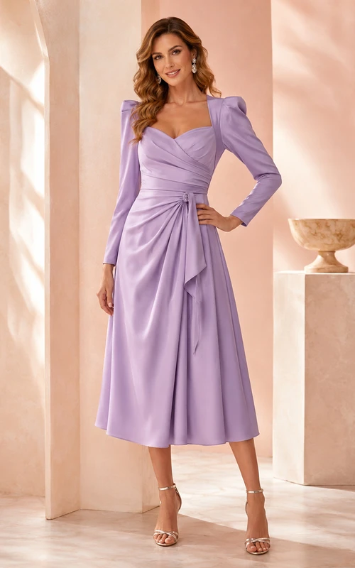 Vestido de noche formal elegante de color lavanda con cuello alto y hombros drapeados, estilo midi, ideal para invitadas.
