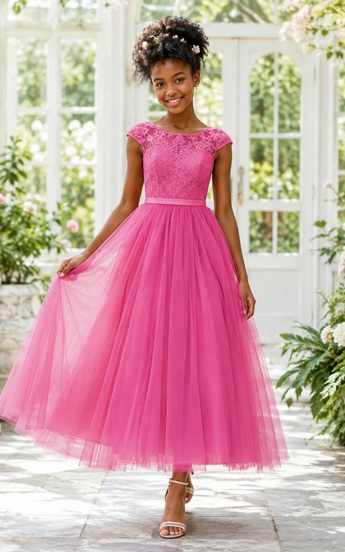 Vestido de dama de honor juvenil rosa caramelo, corte en A, largo hasta la rodilla, manga corta color joya, canesú texturizado, estilo romántico.