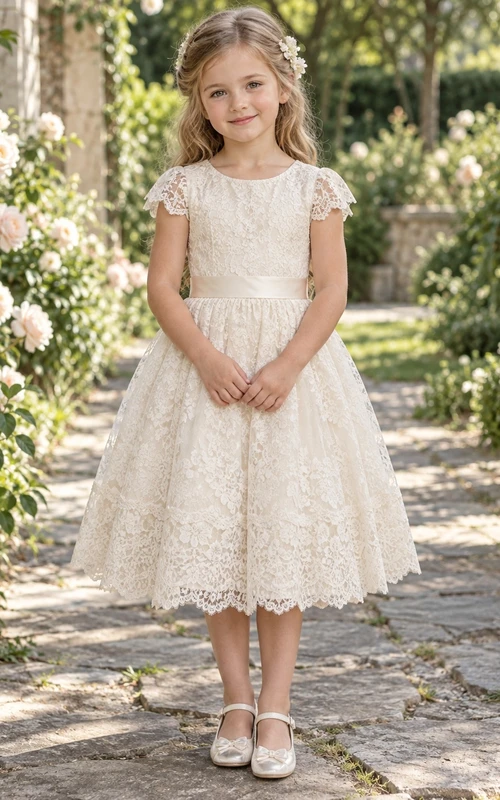 Tea-length Cream Cap Sleeve Scoop Floral Scalloped Lace Bow Sashed A-Line Flowergirl Dress