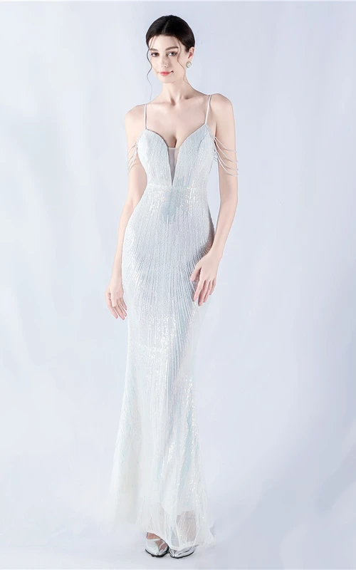 Positioning Flower Sequined Craft Beaded Suspender Evening Dress