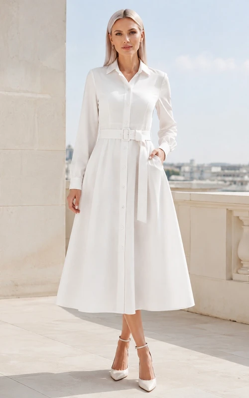 White Satin V-Neck Long Sleeve Sash Tea-Length A-Line Formal Dress