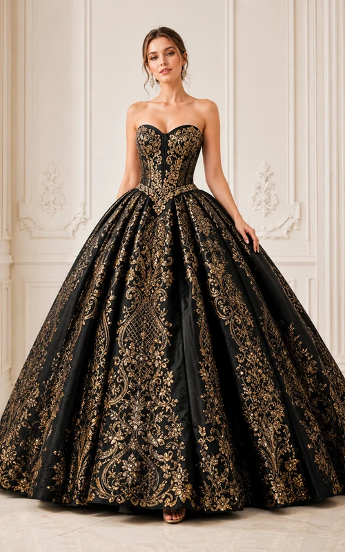 Black Gold Strapless Sweetheart Brocade Satin Luxury Princess Quinceanera Ball Gown